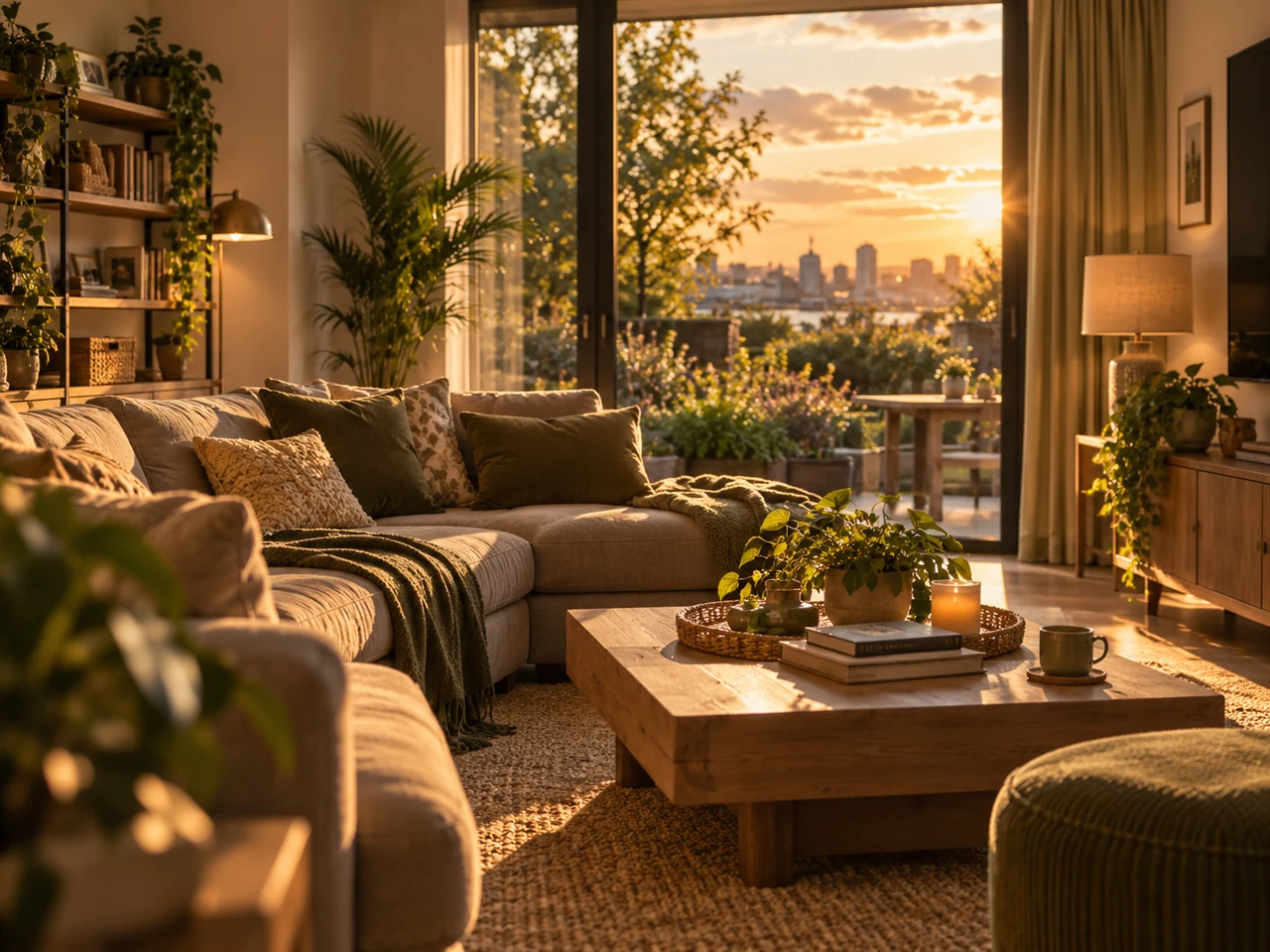 Warm, welcoming home interior filled with natural evening light