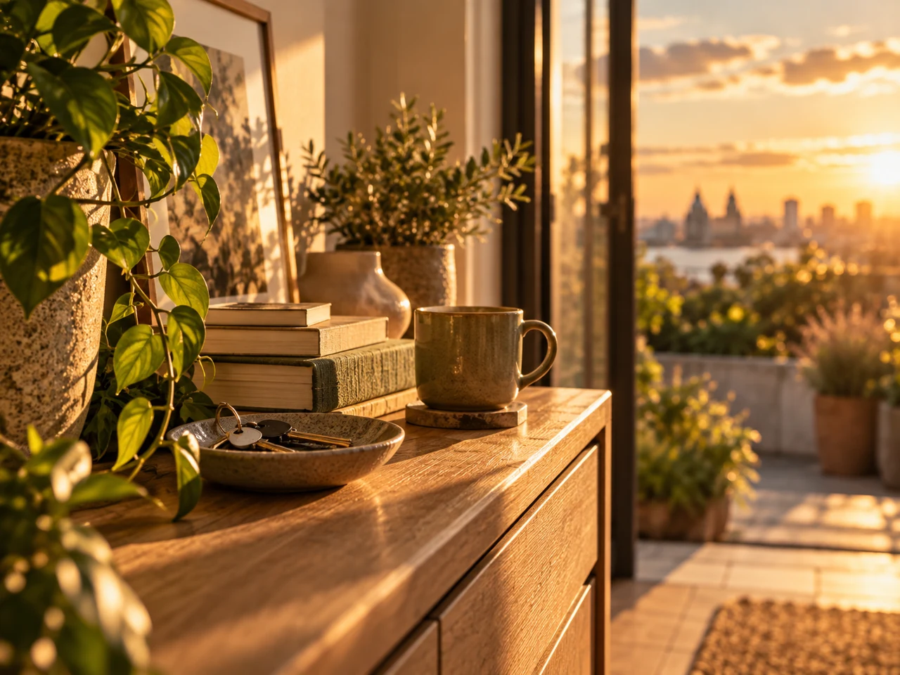 Warm home entryway with books, keys and evening light