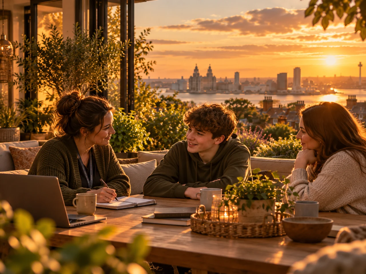 Care staff and a young person sharing a relaxed conversation in warm evening light