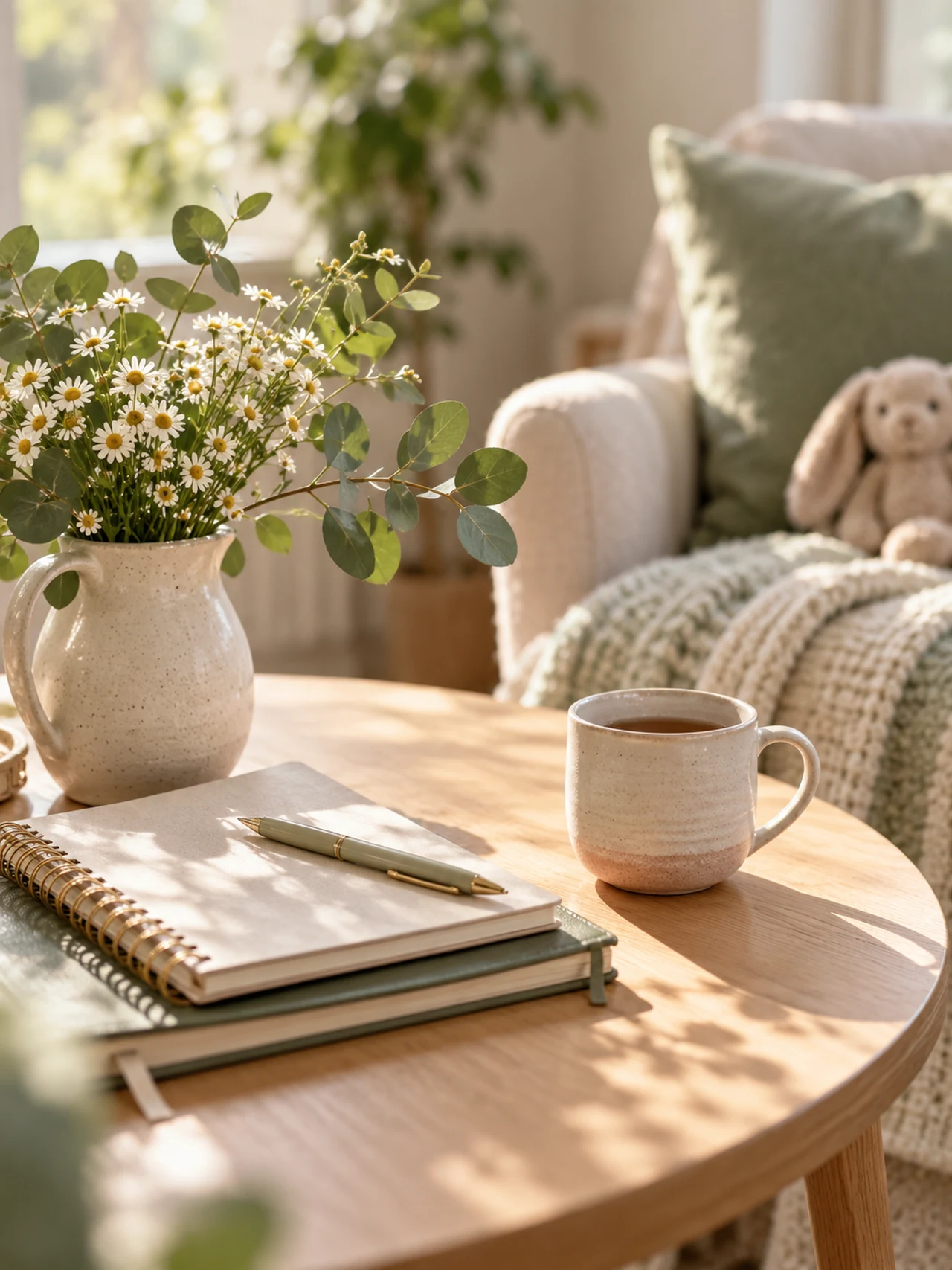 Sunlit home nook with flowers, notebooks and a warm drink