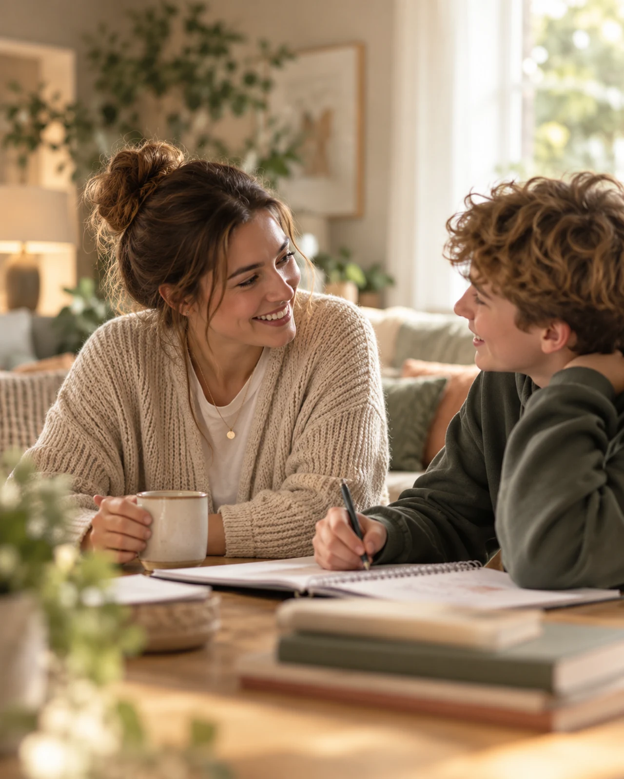 Supportive adult and young person talking while studying at home