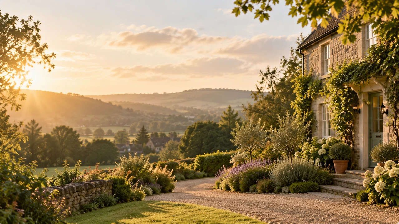 Welcoming home and garden in warm evening light