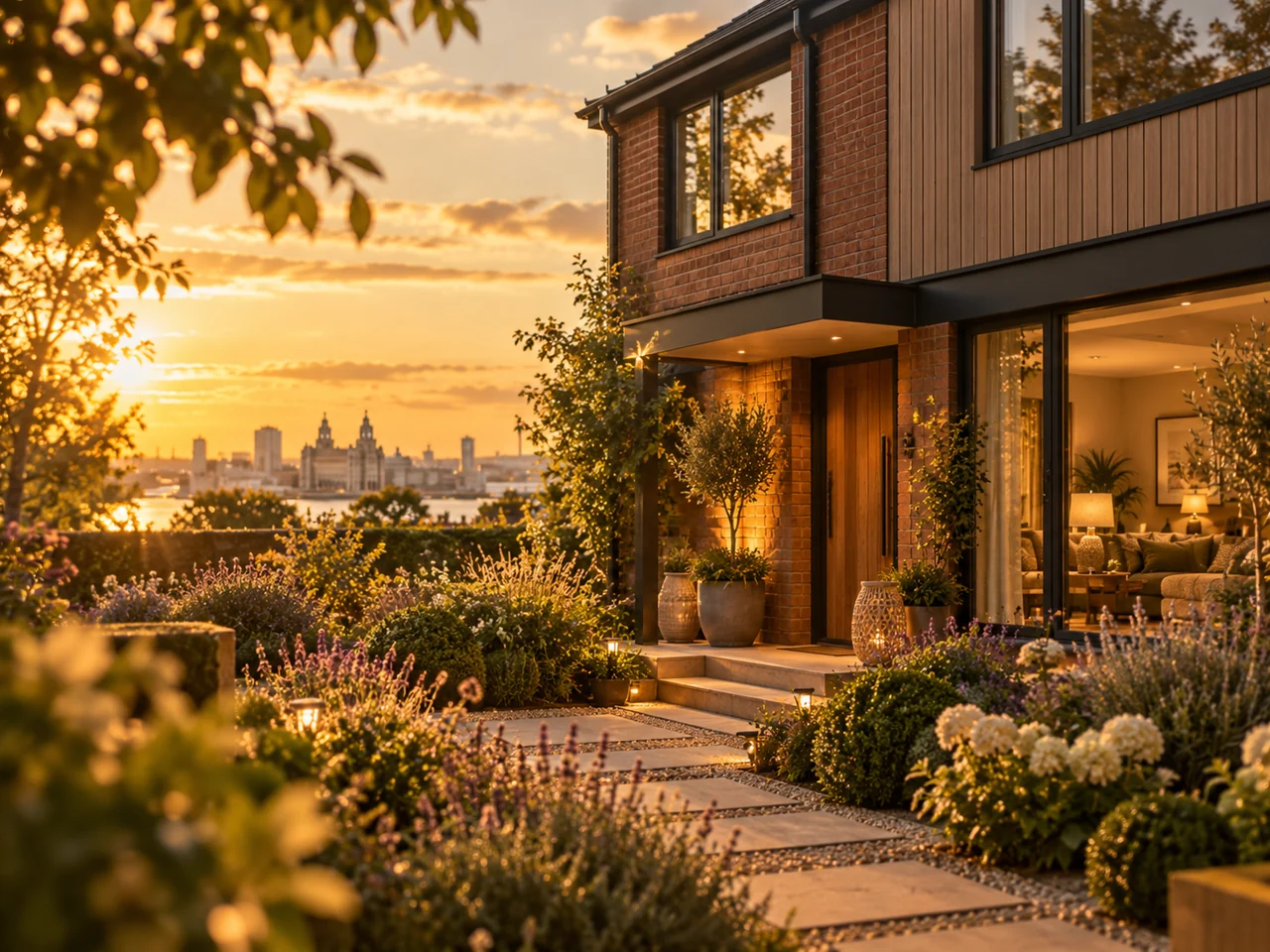 Welcoming family-style children's home in warm evening light with Liverpool in the distance