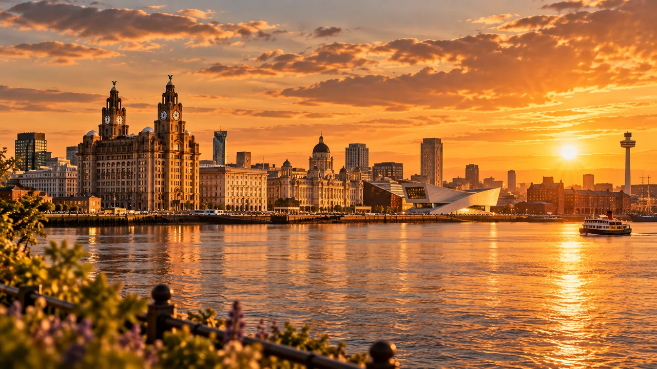 Liverpool waterfront and skyline at golden sunset